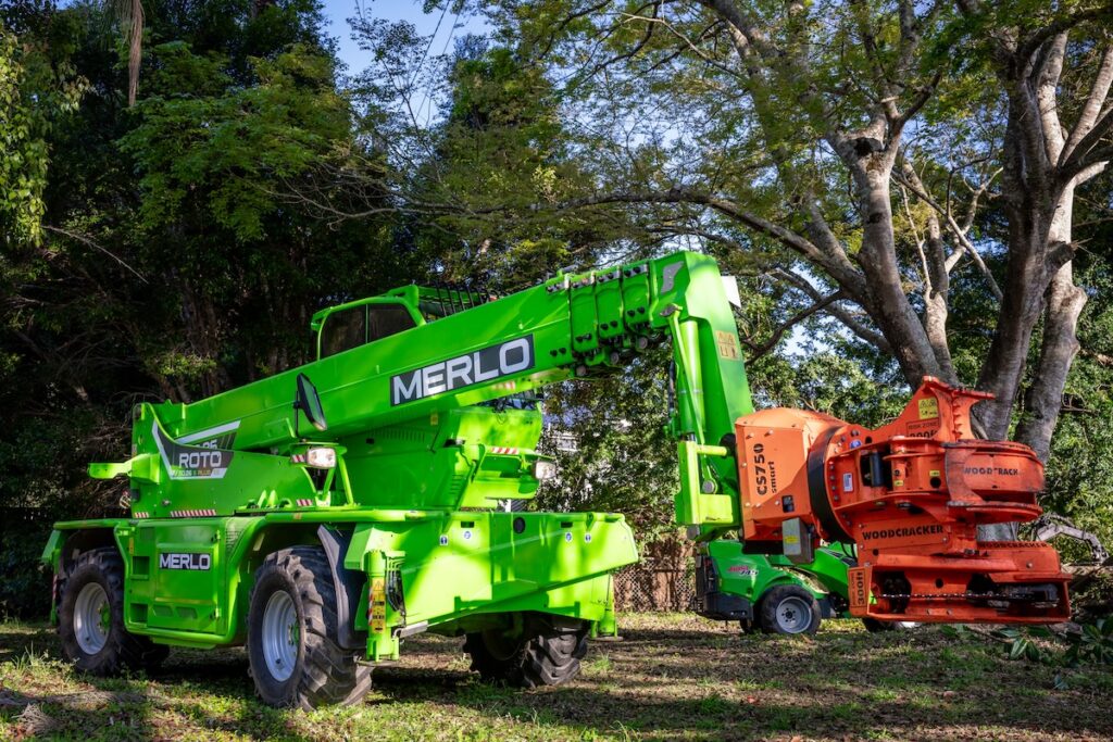 The new way of tree handling for the future: a Merlo Roto 50.26S and a Westtech Woodcracker. Images: Bush to Beach Tree Services/Leeroy Todd Photography