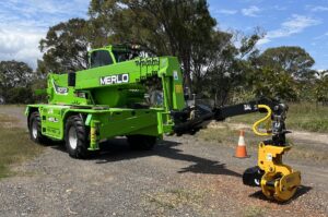 With the right attachment, a telehandler canbe a bin rotator, a lifting jib, a grab handler, or work with tree-specific implements. Image: Merlo