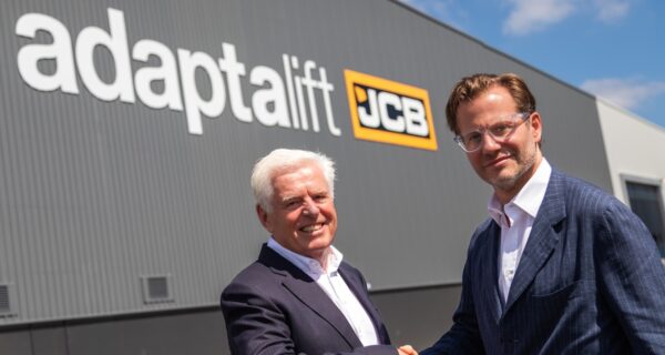 JCB’s Deputy Chairman George Bamford (right) annonced a new chapter with Lindsay Whiffen, Chief Executive Officer of Adaptalift Group. Image: JCB