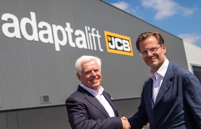 JCB’s Deputy Chairman George Bamford (right) annonced a new chapter with Lindsay Whiffen, Chief Executive Officer of Adaptalift Group. Image: JCB