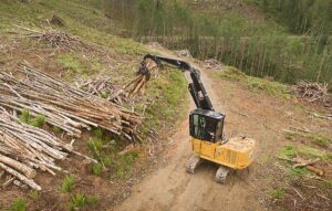 When configured as a Log Loader, the new Cat FM528 features a 360-degree rotating head and live heel. Image: Caterpillar