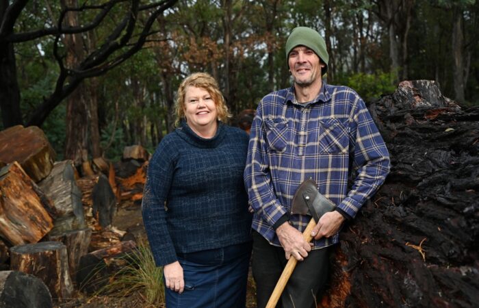 Hobart Lord Mayor Anna Reynolds with local carver Andrew Evans, who will sculpt the giant sequoias. Image: City of Hobart