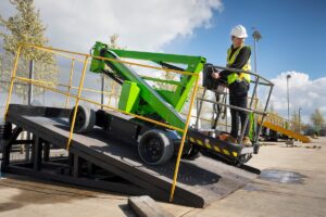 The HeightRider 12 Narrow Electric (HR12NE) is a 12.1m self-propelled, zero-emission EWP that can be driven from the cage while elevated or lowered. Image: Niftylift
